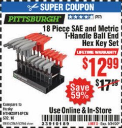 Harbor Freight Coupon 18 PIECE SAE AND METRIC T-HANDLE BALL END HEX KEY SET Lot No. 96645/62476/63166/63167 Expired: 9/20/20 - $12.99