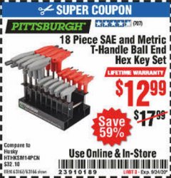 Harbor Freight Coupon PITTSBURGH SAE AND METRIC T-HANDLE BALL END HEX KEY SET, 18-PIECE Lot No. 63167 Expired: 9/20/20 - $12.99