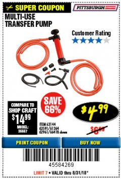 Harbor Freight Coupon MULTI-USE TRANSFER PUMP Lot No. 63144/63591/61364/62961/66418 Expired: 8/31/18 - $4.99