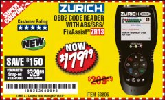 Harbor Freight Coupon ZURICH OBD2 SCANNER WITH ABS ZR13 Lot No. 63806 Expired: 2/16/19 - $179.99