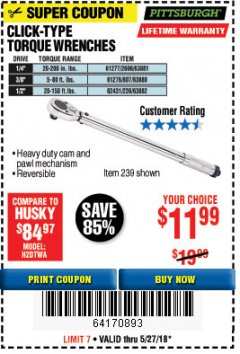 Harbor Freight Coupon 3/8 IN. DRIVE PROFESSIONAL CLICK TYPE TORQUE WRENCH Lot No. 64065 Expired: 5/27/18 - $11.99