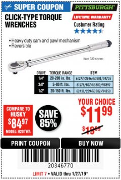 Harbor Freight Coupon 3/8 IN. DRIVE PROFESSIONAL CLICK TYPE TORQUE WRENCH Lot No. 64065 Expired: 1/27/19 - $11.99