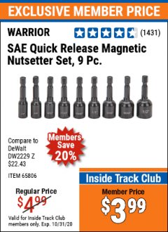 Harbor Freight ITC Coupon 9 PIECE QUICK CHANGE MAGNETIC NUTSETTER SETS Lot No. 65806/68478/68519/60384 Expired: 10/31/20 - $3.99