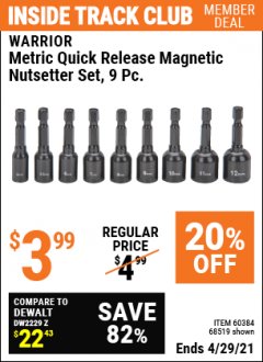 Harbor Freight ITC Coupon 9 PIECE QUICK CHANGE MAGNETIC NUTSETTER SETS Lot No. 65806/68478/68519/60384 Expired: 4/29/21 - $3.99