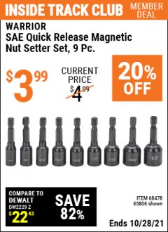 Harbor Freight ITC Coupon 9 PIECE QUICK CHANGE MAGNETIC NUTSETTER SETS Lot No. 65806/68478/68519/60384 Expired: 10/28/21 - $3.99