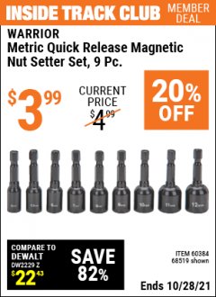 Harbor Freight ITC Coupon WARRIOR QUICK RELEASE MAGNETIC NUT SETTER SET, 9-PIECE Lot No. 65806/68519 Expired: 10/28/21 - $3.99