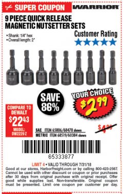 Harbor Freight Coupon WARRIOR QUICK RELEASE MAGNETIC NUT SETTER SET, 9-PIECE Lot No. 65806/68519 Expired: 7/31/18 - $2.99