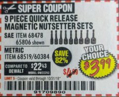 Harbor Freight Coupon WARRIOR QUICK RELEASE MAGNETIC NUT SETTER SET, 9-PIECE Lot No. 65806/68519 Expired: 10/31/18 - $3.99