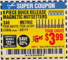 Harbor Freight Coupon WARRIOR QUICK RELEASE MAGNETIC NUT SETTER SET, 9-PIECE Lot No. 65806/68519 Expired: 4/21/19 - $3.99