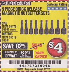 Harbor Freight Coupon WARRIOR QUICK RELEASE MAGNETIC NUT SETTER SET, 9-PIECE Lot No. 65806/68519 Expired: 7/27/19 - $4