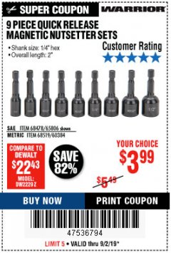 Harbor Freight Coupon 9 PIECE QUICK CHANGE MAGNETIC NUTSETTER SETS Lot No. 65806/68478/68519/60384 Expired: 9/2/19 - $3.99