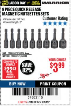 Harbor Freight Coupon WARRIOR QUICK RELEASE MAGNETIC NUT SETTER SET, 9-PIECE Lot No. 65806/68519 Expired: 9/8/19 - $3.99