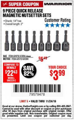 Harbor Freight Coupon WARRIOR QUICK RELEASE MAGNETIC NUT SETTER SET, 9-PIECE Lot No. 65806/68519 Expired: 11/24/19 - $3.99