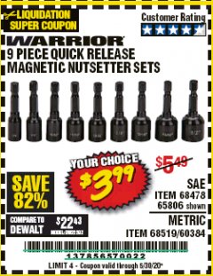 Harbor Freight Coupon WARRIOR QUICK RELEASE MAGNETIC NUT SETTER SET, 9-PIECE Lot No. 65806/68519 Expired: 6/30/20 - $3.99