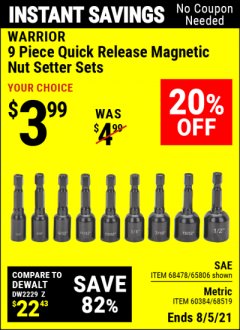 Harbor Freight Coupon 9 PIECE QUICK CHANGE MAGNETIC NUTSETTER SETS Lot No. 65806/68478/68519/60384 Expired: 8/5/21 - $3.99