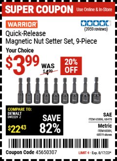 Harbor Freight Coupon WARRIOR QUICK RELEASE MAGNETIC NUT SETTER SET, 9-PIECE Lot No. 65806/68519 Expired: 8/17/23 - $3.99