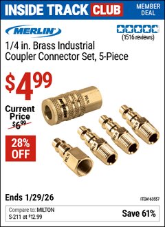 Harbor Freight ITC Coupon MERLIN 1/4 IN. BRASS INDUSTRIAL COUPLER CONNECTOR SET, 5-PIECE Lot No. 63557 Valid Thru: 1/29/26 - $4.99