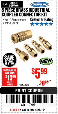 Harbor Freight Coupon 5 PIECE BRASS INDUSTRIAL COUPLER CONNECTOR KIT Lot No. 63557 Expired: 4/21/19 - $5.99