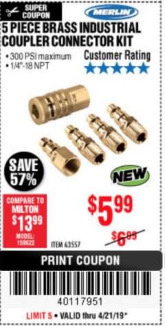 Harbor Freight Coupon 5 PIECE BRASS INDUSTRIAL COUPLER CONNECTOR KIT Lot No. 63557 Expired: 4/22/19 - $5.99