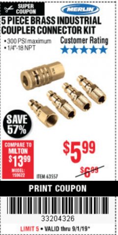 Harbor Freight Coupon 5 PIECE BRASS INDUSTRIAL COUPLER CONNECTOR KIT Lot No. 63557 Expired: 9/1/19 - $5.99