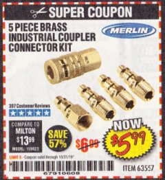Harbor Freight Coupon 5 PIECE BRASS INDUSTRIAL COUPLER CONNECTOR KIT Lot No. 63557 Expired: 10/31/19 - $5.99