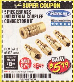 Harbor Freight Coupon 5 PIECE BRASS INDUSTRIAL COUPLER CONNECTOR KIT Lot No. 63557 Expired: 11/30/19 - $5.99