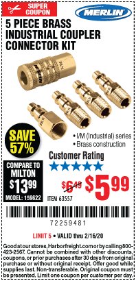 Harbor Freight Coupon 5 PIECE BRASS INDUSTRIAL COUPLER CONNECTOR KIT Lot No. 63557 Expired: 2/16/20 - $5.99