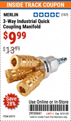 Harbor Freight ITC Coupon MERLIN 3-WAY INDUSTRIAL QUICK-COUPLING MANIFOLD Lot No. 63573 Expired: 8/31/20 - $9.99
