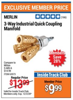 Harbor Freight ITC Coupon 3-WAY INDUSTRIAL QUICK COUPLING MANIFOLD Lot No. 63573 Expired: 12/3/20 - $9.99