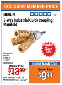 Harbor Freight ITC Coupon MERLIN 3-WAY INDUSTRIAL QUICK-COUPLING MANIFOLD Lot No. 63573 Expired: 12/3/20 - $9.99