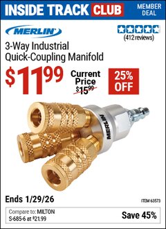 Harbor Freight ITC Coupon MERLIN 3-WAY INDUSTRIAL QUICK-COUPLING MANIFOLD Lot No. 63573 Valid Thru: 1/29/26 - $11.99