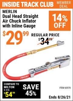 Harbor Freight ITC Coupon DUAL HEAD AIR CHUCK INFLATOR WITH INLINE GAUGE Lot No. 63570 Expired: 8/26/21 - $29.99