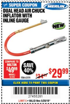 Harbor Freight Coupon DUAL HEAD AIR CHUCK INFLATOR WITH INLINE GAUGE Lot No. 63570 Expired: 5/20/18 - $29.99