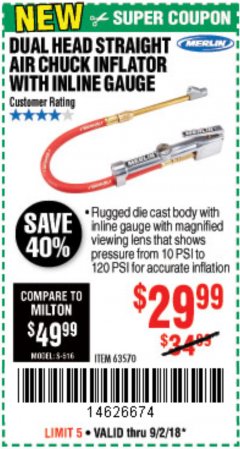 Harbor Freight Coupon DUAL HEAD AIR CHUCK INFLATOR WITH INLINE GAUGE Lot No. 63570 Expired: 9/2/18 - $29.99