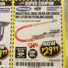 Harbor Freight Coupon DUAL HEAD AIR CHUCK INFLATOR WITH INLINE GAUGE Lot No. 63570 Expired: 11/30/18 - $29.99