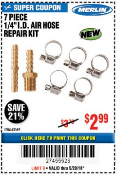 Harbor Freight Coupon 7 PIECE 1/4" I.D. AIR HOSE REPAIR KIT Lot No. 63569 Expired: 5/20/18 - $2.99