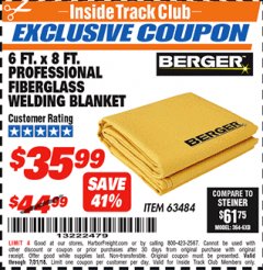 Harbor Freight ITC Coupon 6 FT. X 8 FT. PROFESSIONAL FIBERGLASS WELDING BLANKET Lot No. 63484 Expired: 7/31/18 - $35.99