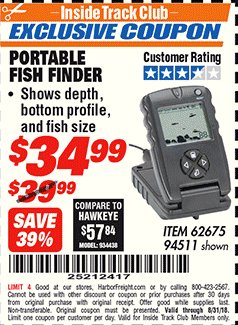 Harbor Freight ITC Coupon PORTABLE FISH FINDER Lot No. 62675/94511 Expired: 8/31/18 - $34.99
