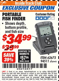 Harbor Freight ITC Coupon PORTABLE FISH FINDER Lot No. 62675/94511 Expired: 8/31/18 - $34.99