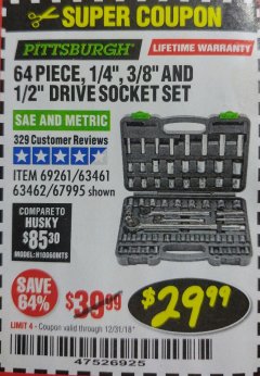 Harbor Freight Coupon 64 PIECE 1/4", 3/8", 1/2" DRIVE SOCKET SET Lot No. 69261/63461/63462/67995 Expired: 12/31/18 - $29.99