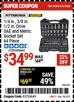 Harbor Freight Coupon 64 PIECE 1/4", 3/8", 1/2" DRIVE SOCKET SET Lot No. 69261/63461/63462/67995 Expired: 10/2/22 - $34.99
