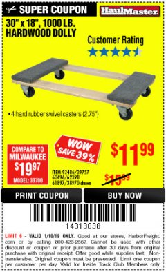 Harbor Freight ITC Coupon 30" X 18" 1000LB. MOVERS DOLLY Lot No. 92486/39757/60496/62398/61897/38970 Expired: 1/10/19 - $11.99