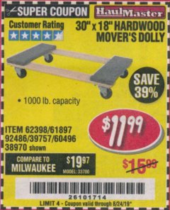 Harbor Freight Coupon 30" X 18" 1000LB. MOVERS DOLLY Lot No. 92486/39757/60496/62398/61897/38970 Expired: 8/24/19 - $11.99