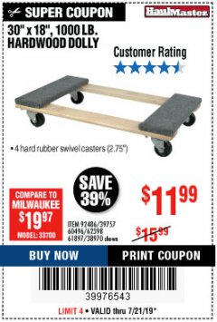 Harbor Freight Coupon 30" X 18" 1000LB. MOVERS DOLLY Lot No. 92486/39757/60496/62398/61897/38970 Expired: 7/21/19 - $11.99