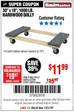 Harbor Freight Coupon 30" X 18" 1000LB. MOVERS DOLLY Lot No. 92486/39757/60496/62398/61897/38970 Expired: 7/21/19 - $11.99