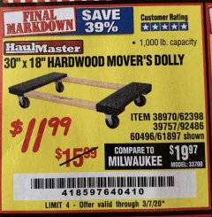 Harbor Freight Coupon 30" X 18" 1000LB. MOVERS DOLLY Lot No. 92486/39757/60496/62398/61897/38970 Expired: 3/7/20 - $11.99