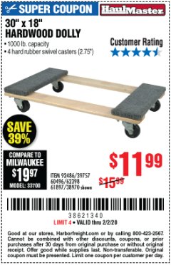 Harbor Freight Coupon 30" X 18" 1000LB. MOVERS DOLLY Lot No. 92486/39757/60496/62398/61897/38970 Expired: 2/2/20 - $11.99