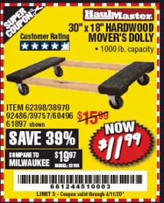 Harbor Freight Coupon 30" X 18" 1000LB. MOVERS DOLLY Lot No. 92486/39757/60496/62398/61897/38970 Expired: 6/30/20 - $11.99
