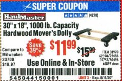 Harbor Freight Coupon 30" X 18" 1000LB. MOVERS DOLLY Lot No. 92486/39757/60496/62398/61897/38970 Expired: 8/11/20 - $11.99