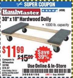 Harbor Freight Coupon 30" X 18" 1000LB. MOVERS DOLLY Lot No. 92486/39757/60496/62398/61897/38970 Expired: 9/24/20 - $11.99